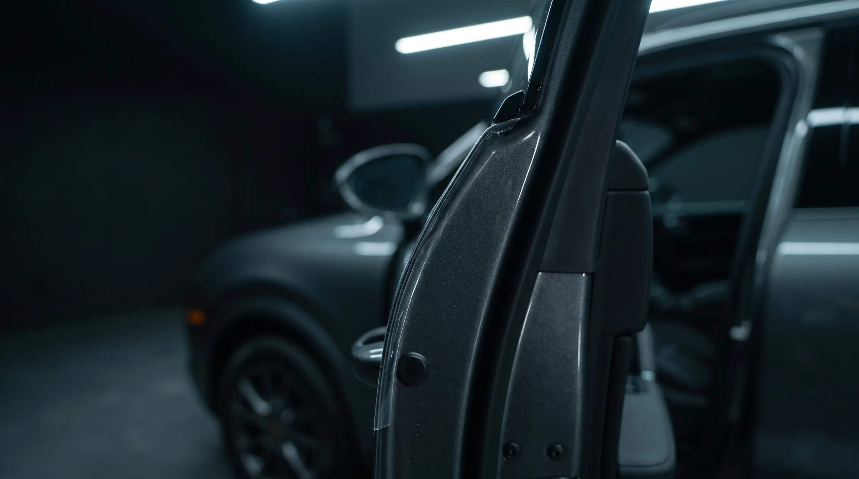 Open SUV door with a clear protective film along its edge.