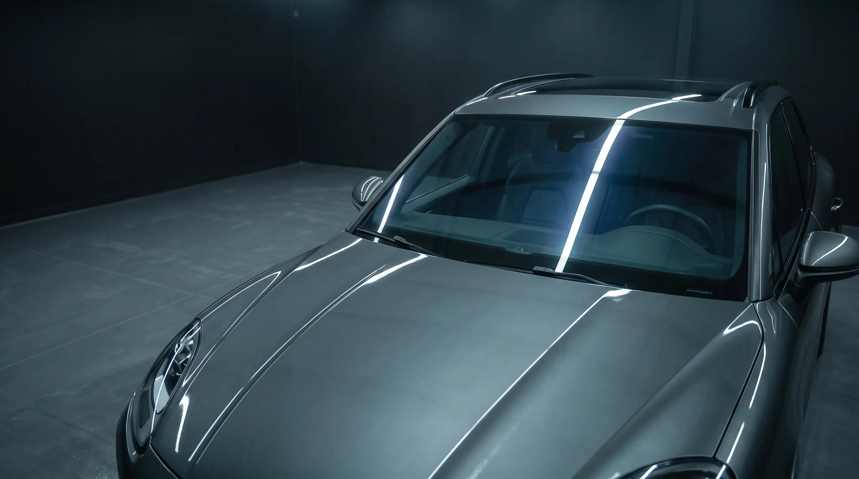 SUV windshield with a subtle blue sheen from clear heat-rejection film.